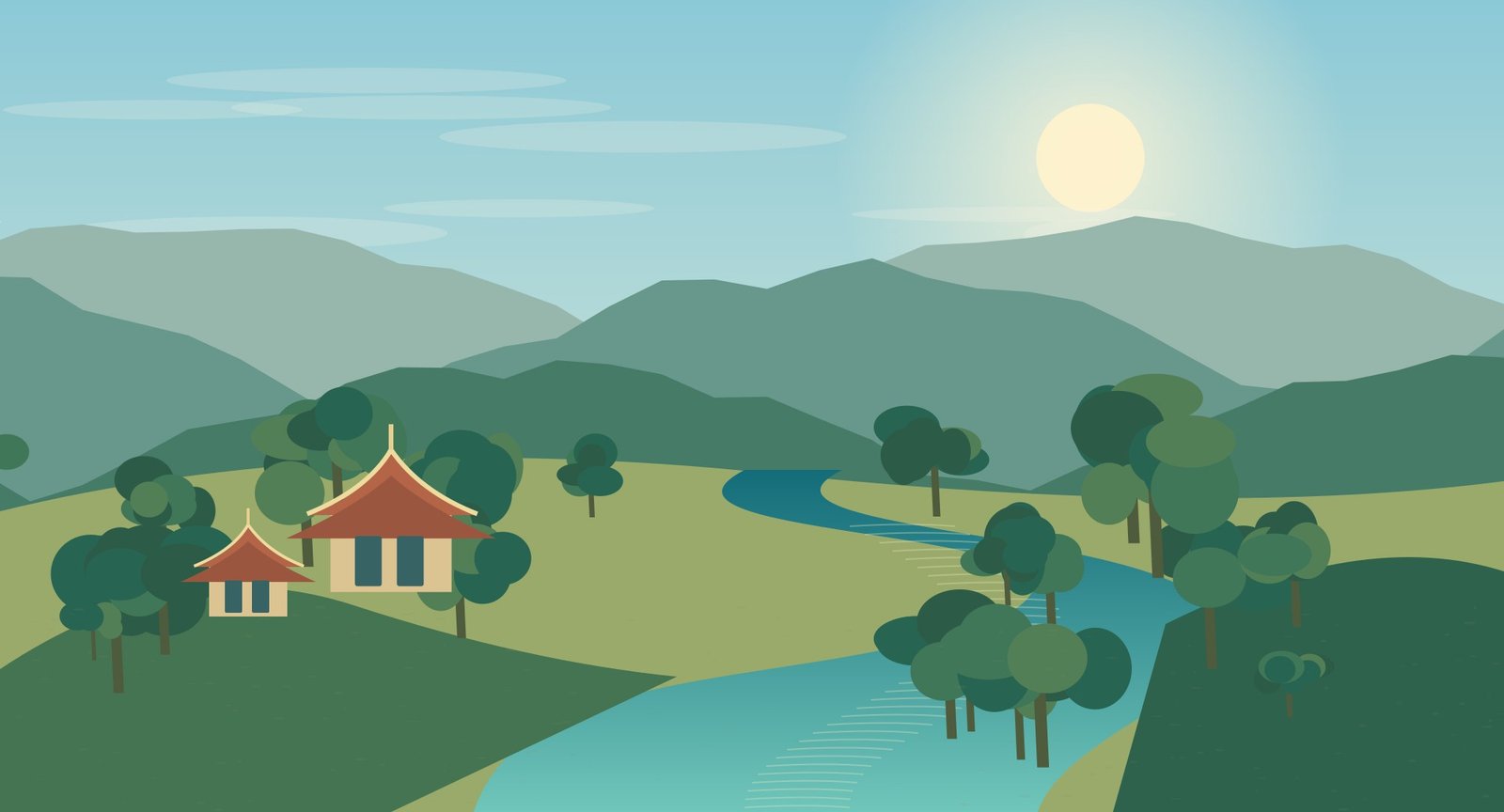 Illustrated northern Thai river with green banks and layered hills