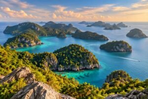 Generated scenic illustration of limestone islands and turquoise water inspired by Ang Thong
