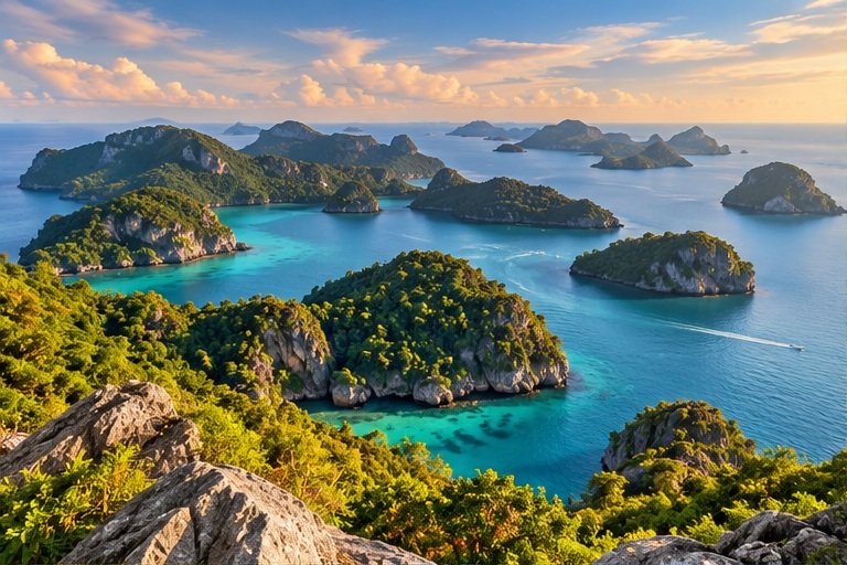 Generated scenic illustration of limestone islands and turquoise water inspired by Ang Thong