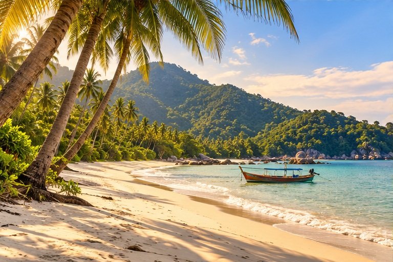 Generated illustration of a palm-lined bay inspired by Koh Phangan