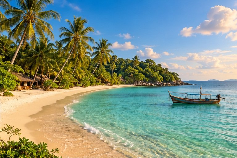 Generated illustration of a palm-fringed southern Samui island shoreline