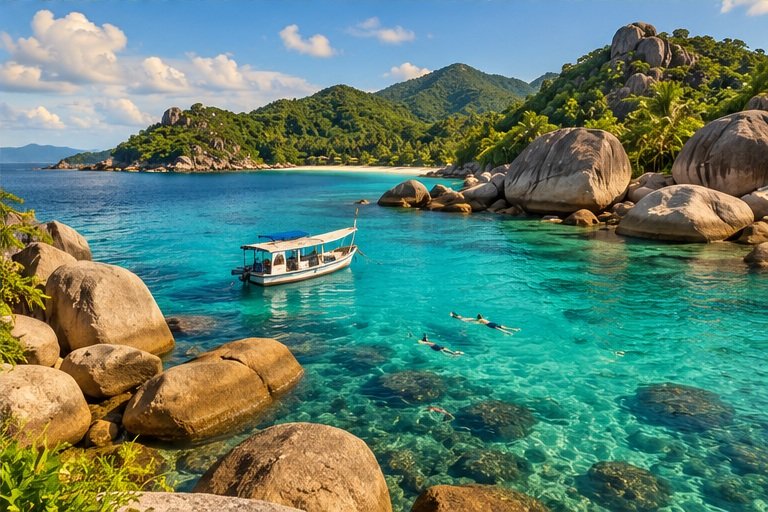 Generated illustration of a boat near a rocky tropical island inspired by Koh Tao