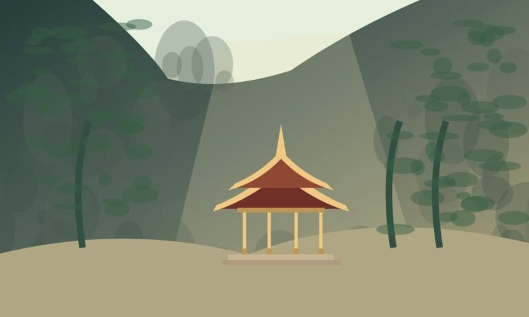 Original stylised illustration of a Thai pavilion inside a sunlit limestone cave