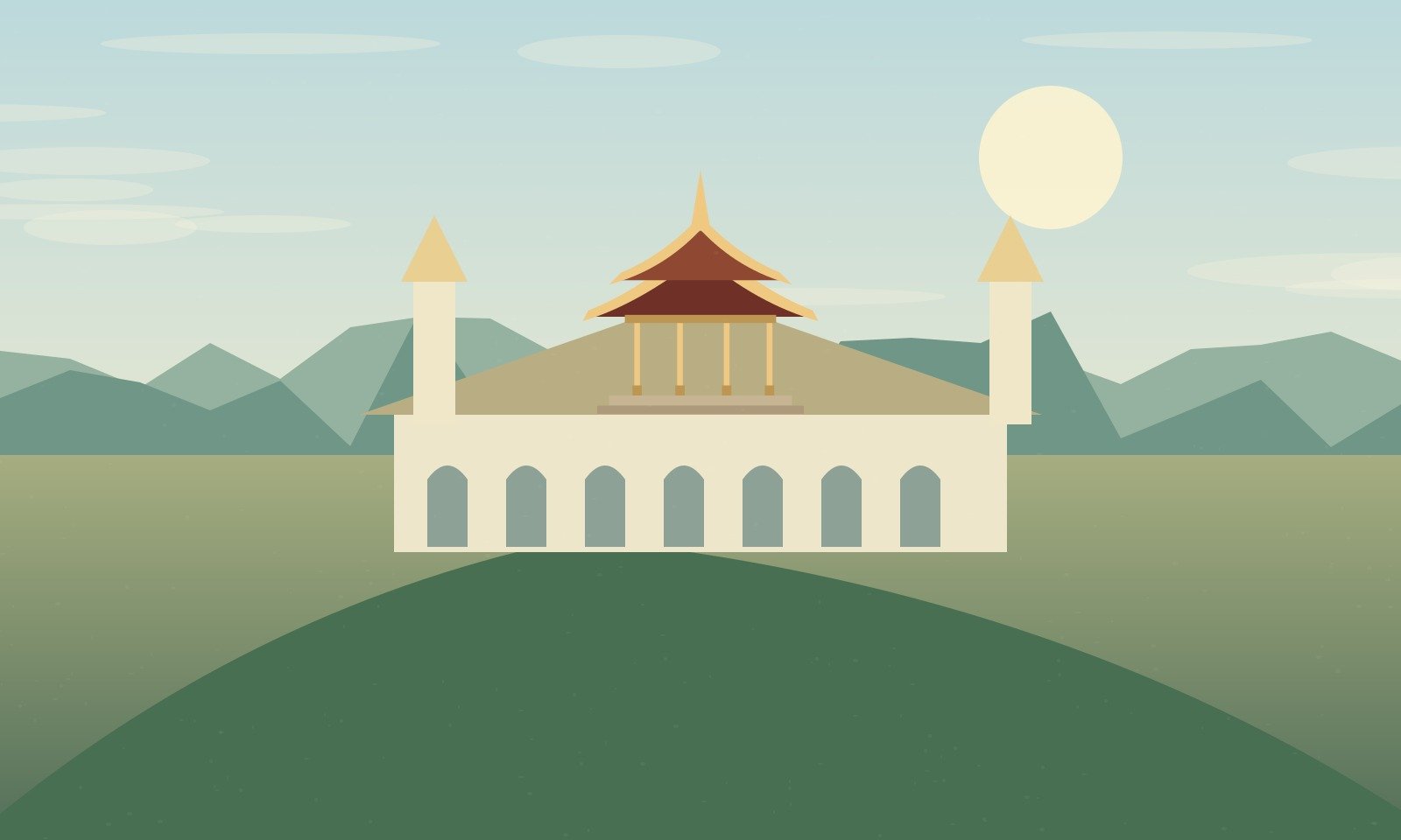 Original stylised illustration of a pale hilltop palace above forested slopes