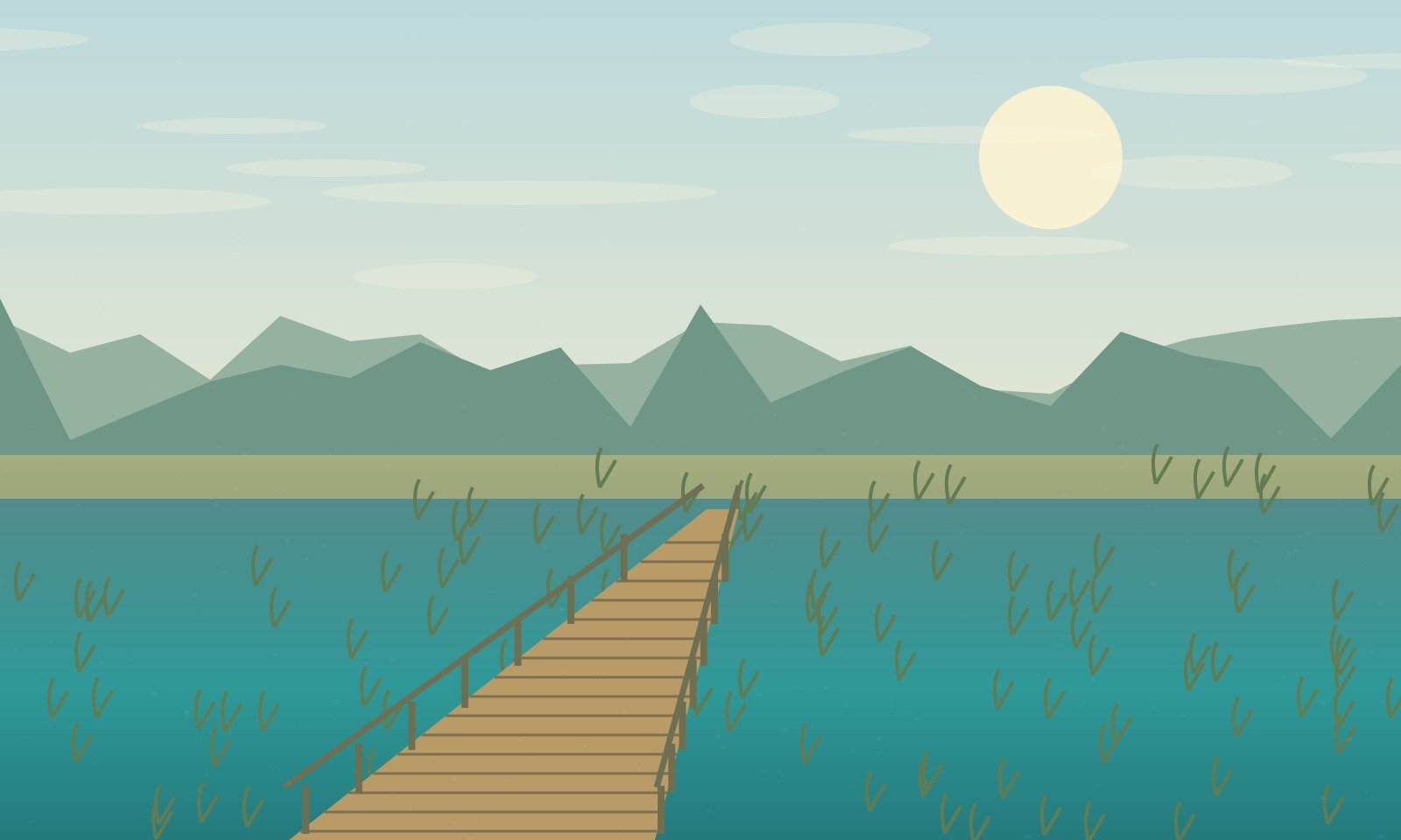 Original scenic illustration of a boardwalk towards limestone hills across a wetland