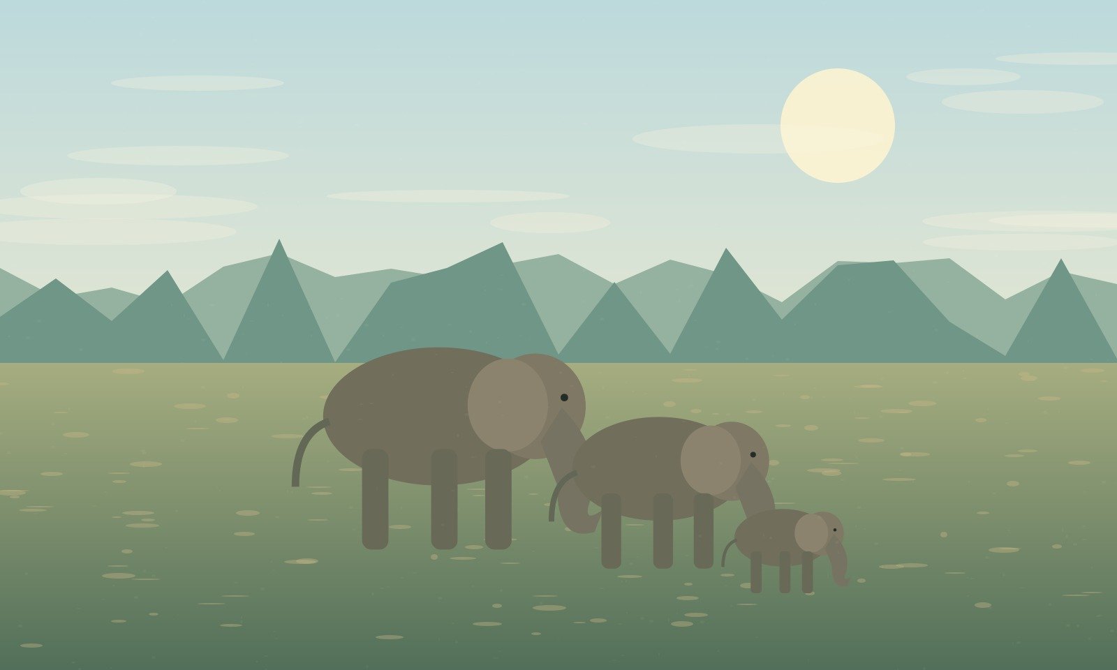 Original illustration of elephants viewed across grassland beside forest