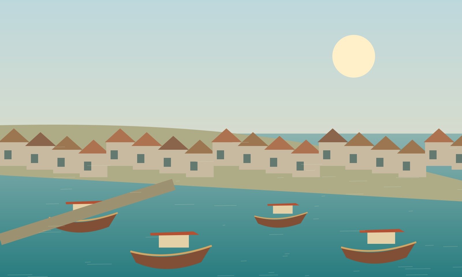 Original illustration of a quiet coastal curve and fishing boats inspired by Bang Saray