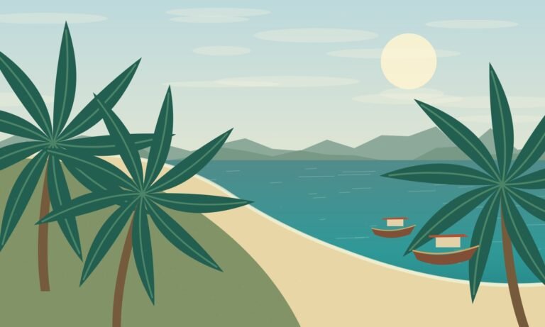 Original scenic illustration of a palm-fringed island beach and boats