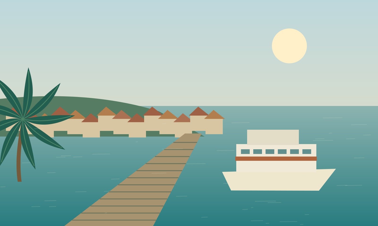 Original stylised illustration of an island landing area with coastal buildings