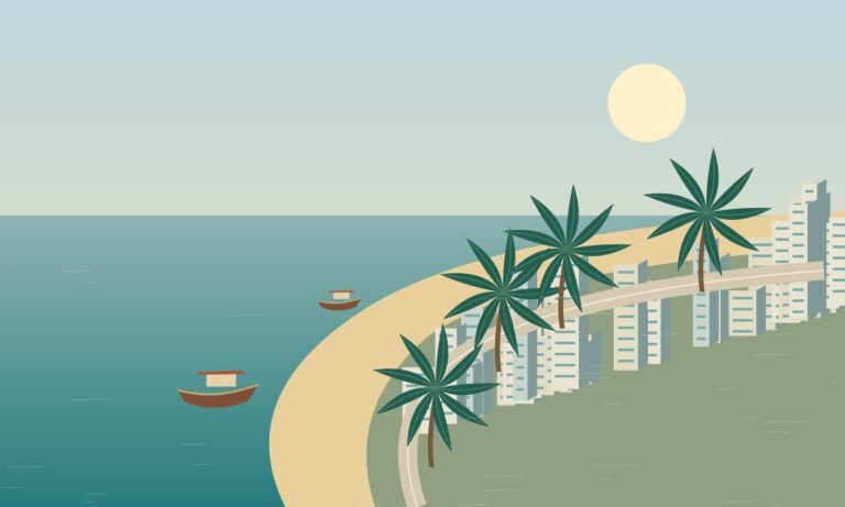 Original scenic illustration of a curving Pattaya-inspired bay and urban coastline
