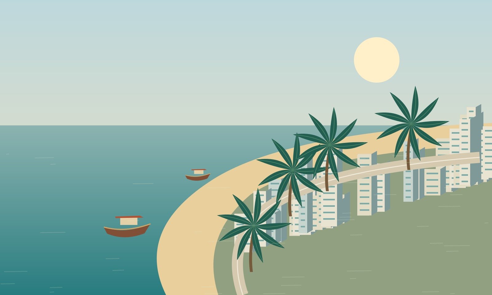 Original scenic illustration of a curving Pattaya-inspired bay and urban coastline
