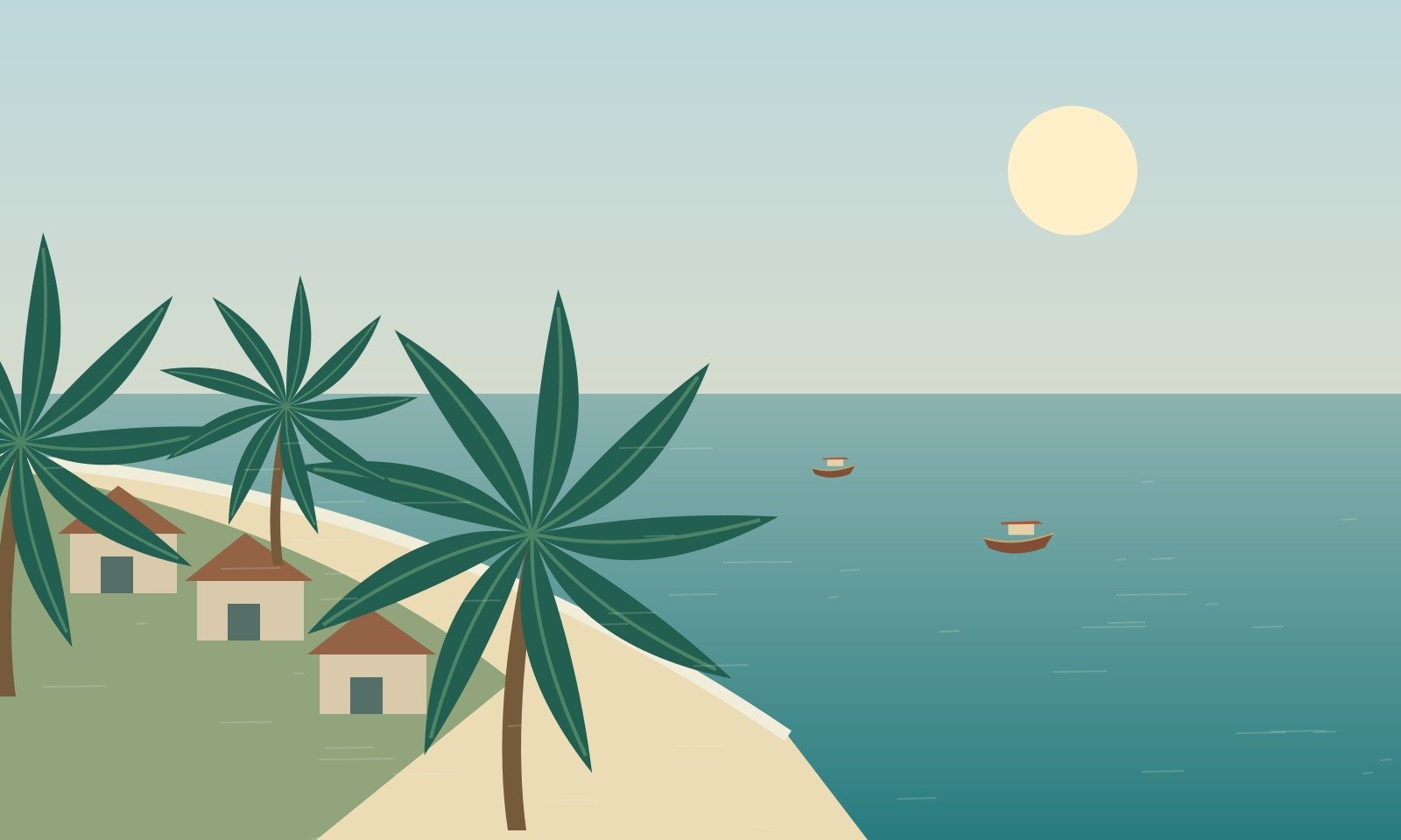 Original illustration of a palm-lined southern coast inspired by Na Jomtien