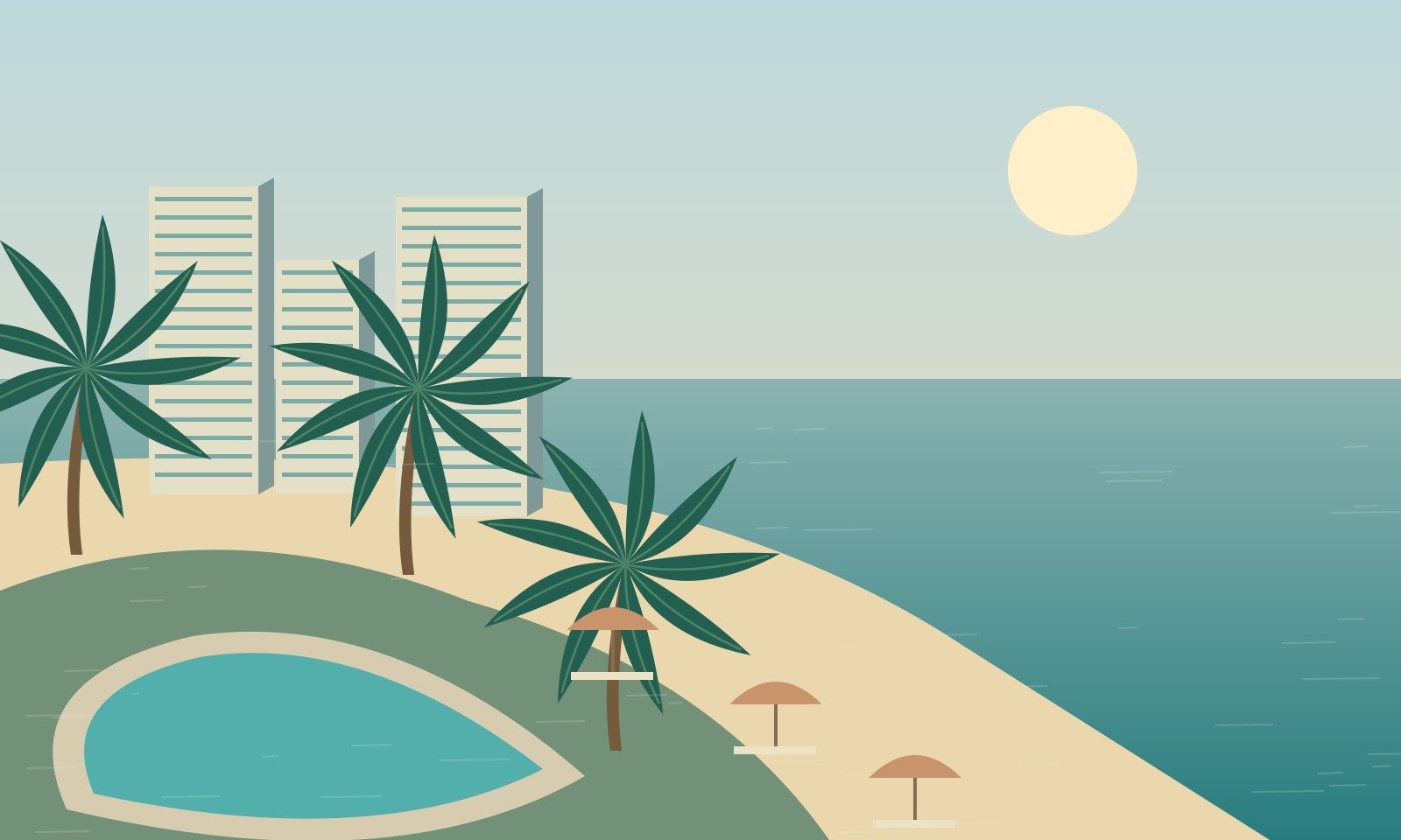 Original stylised illustration of a northern Pattaya resort coast