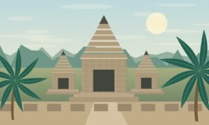 Original illustration of Khmer-period-inspired stone sanctuaries in a northeastern Thai landscape