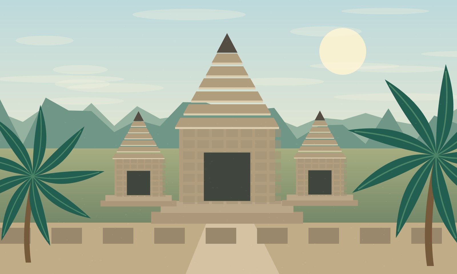 Original illustration of Khmer-period-inspired stone sanctuaries in a northeastern Thai landscape