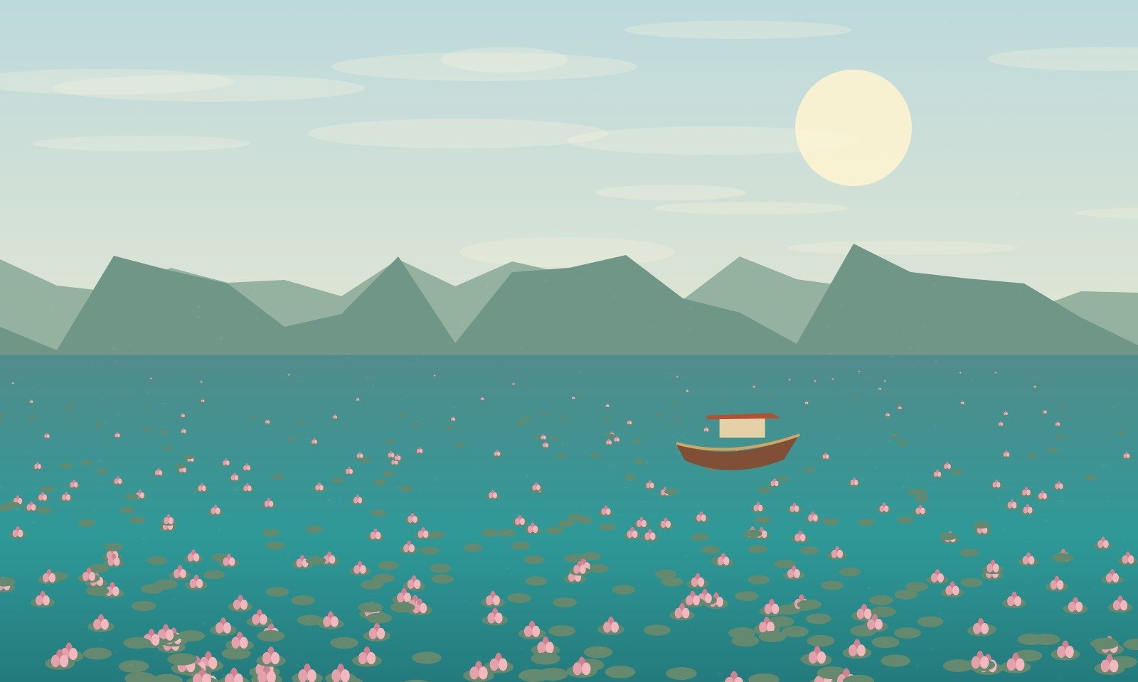 Original illustration of pink water lilies and a boat on a broad lake