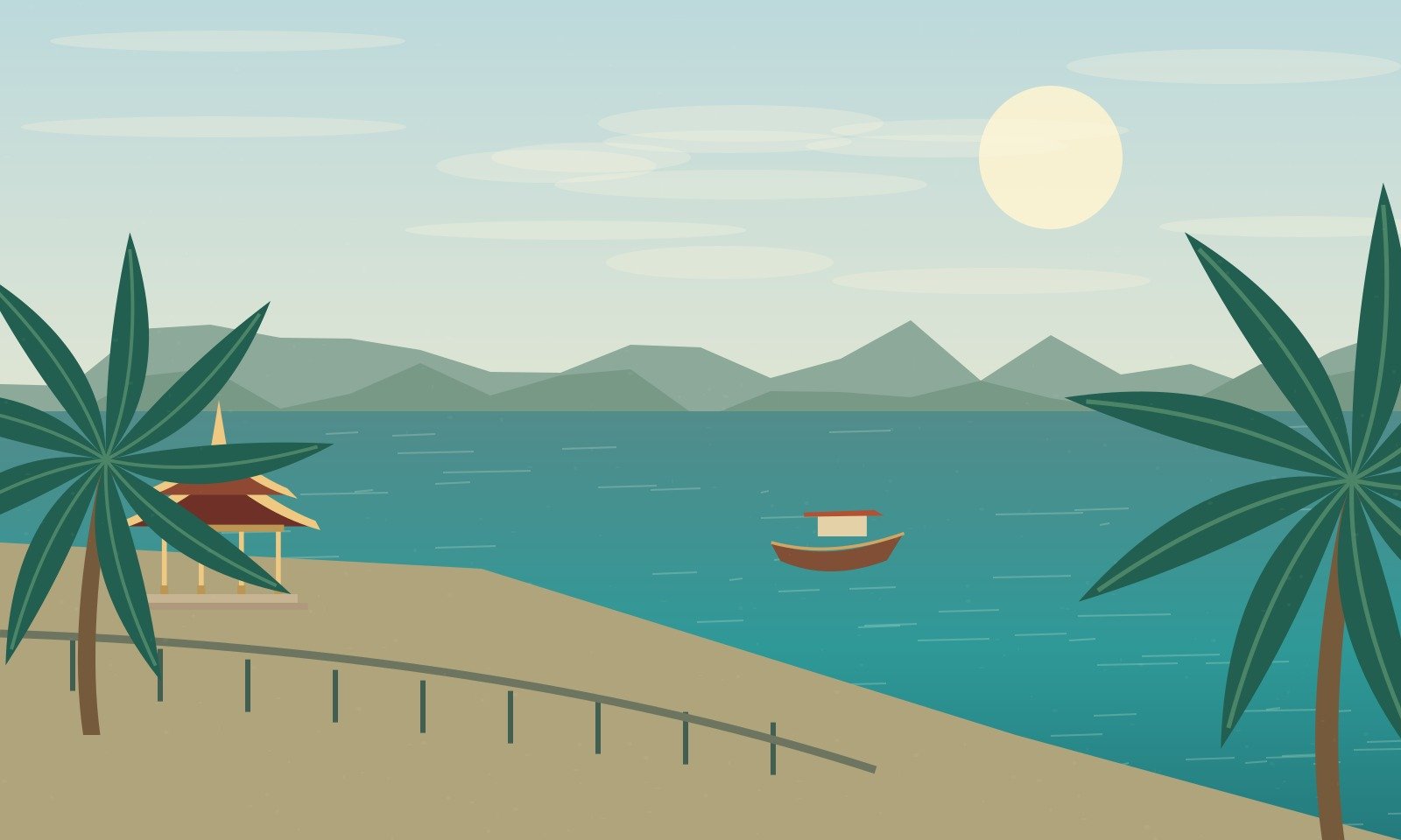 Original scenic illustration of a promenade and boat beside a broad Mekong-inspired river