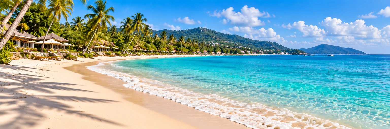 Illustration of a palm-lined Chaweng-style beach with a broad sandy shoreline