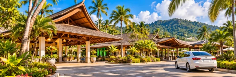 Illustration of a tropical airport pavilion and airport-transfer car on Koh Samui