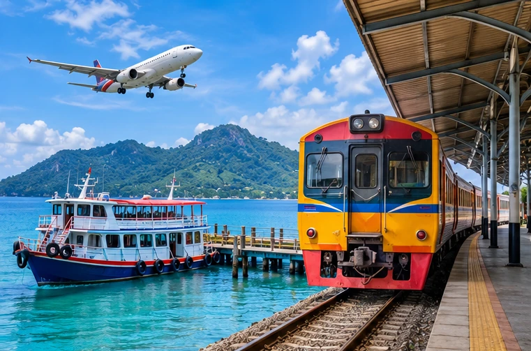 Conceptual illustration of separate mainland train, ferry and flight travel modes