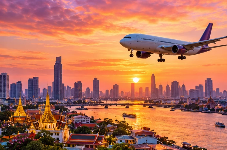 Editorial illustration of a passenger aircraft over a Bangkok-inspired skyline at sunset
