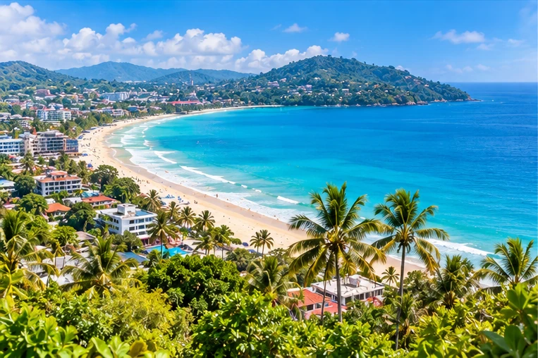 Original illustration of Phuket beach scenery with palms, headlands and turquoise water