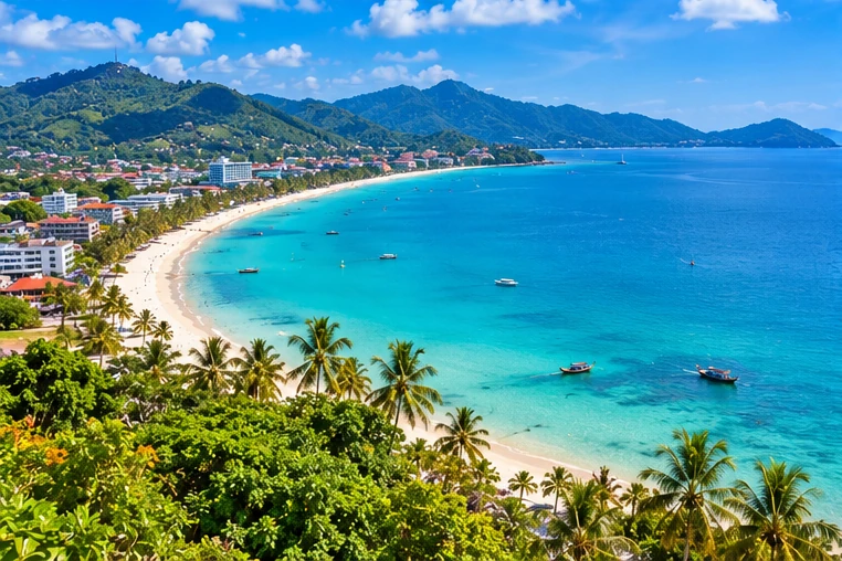 Illustration of a broad Phuket-style west-coast bay with beachfront buildings and green hills