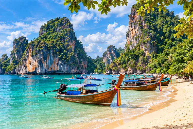Illustration of a Krabi-style beach and turquoise bay framed by limestone towers