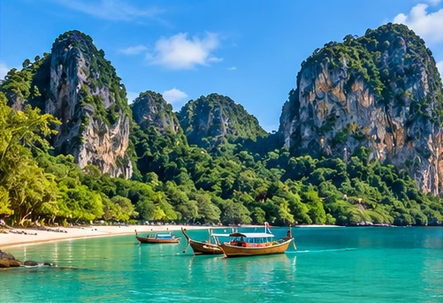 Original illustration of turquoise water and limestone towers near the Ao Nang coast