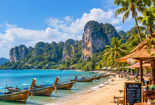 Illustration of an Ao Nang-style waterfront with boats, beachside buildings and limestone scenery