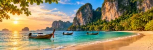 Original illustration of Railay-inspired limestone cliffs, sandy bays and longtail boats