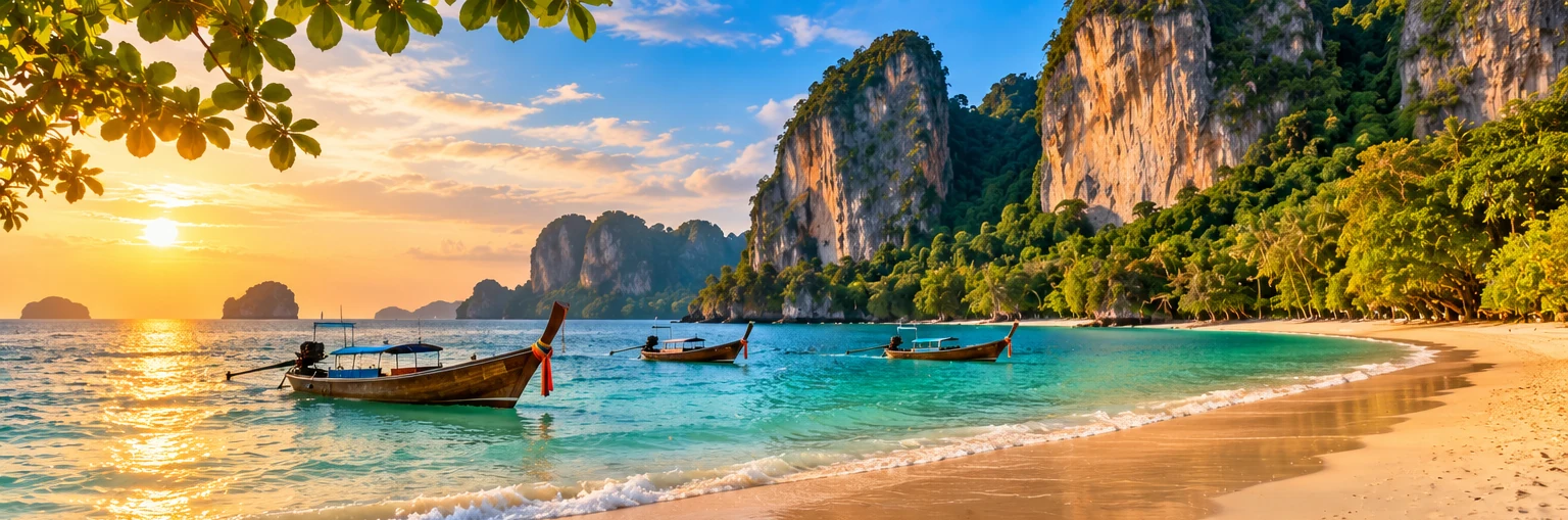 Original illustration of Railay-inspired limestone cliffs, sandy bays and longtail boats