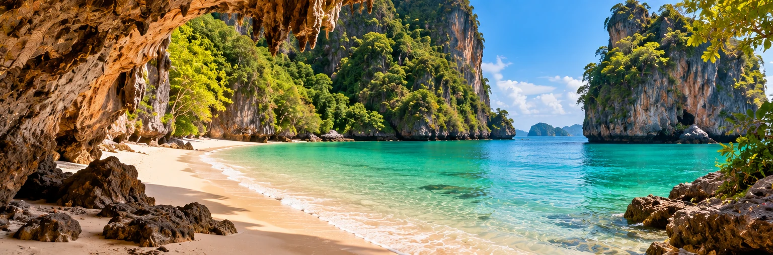 Illustrated close-up of Railay-inspired limestone cliffs, sandy bays and longtail boats