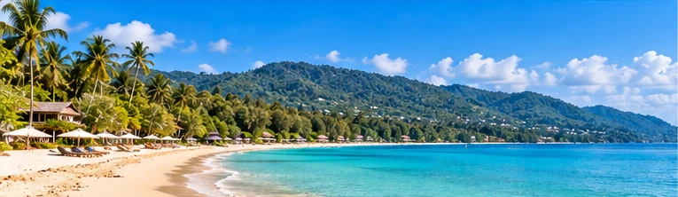 Original illustration of Khao Lak-inspired broad beaches, palms and low forested coastal hills