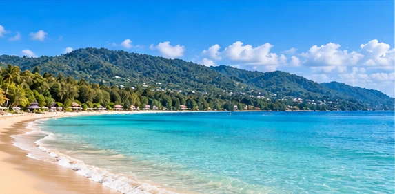 Illustrated close-up of Khao Lak-inspired broad beaches, palms and low forested coastal hills