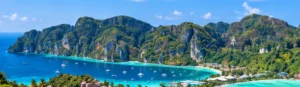 Original illustration of Phi Phi-inspired twin bays, limestone hills and an inhabited island shoreline