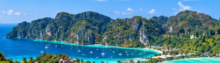 Original illustration of Phi Phi-inspired twin bays, limestone hills and an inhabited island shoreline
