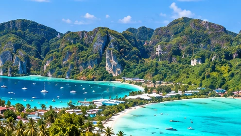Illustrated close-up of Phi Phi-inspired twin bays, limestone hills and an inhabited island shoreline