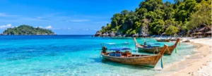 Original illustration of Koh Lipe-inspired clear water, sandy shoreline and small longtail boats