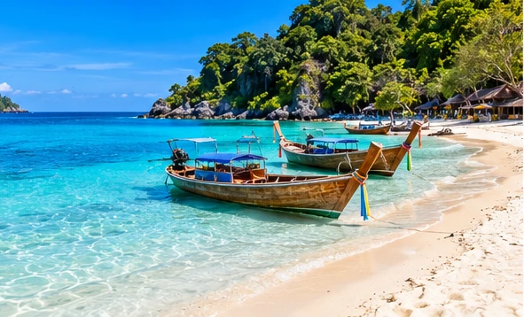 Illustrated close-up of Koh Lipe-inspired clear water, sandy shoreline and small longtail boats