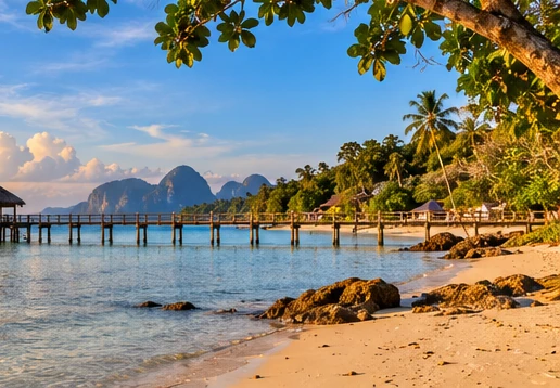 Illustrated close-up of Koh Yao Noi-inspired shoreline and views across Phang Nga Bay