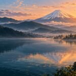 Editorial illustration of Mount Fuji above a lakeside Japanese village in warm morning light.