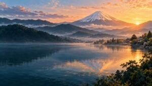 Editorial illustration of Mount Fuji above a lakeside Japanese village in warm morning light.