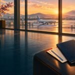 Editorial illustration of a travel wallet and luggage beside an airport window, with a distant mountain view.