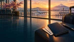 Editorial illustration of a travel wallet and luggage beside an airport window, with a distant mountain view.