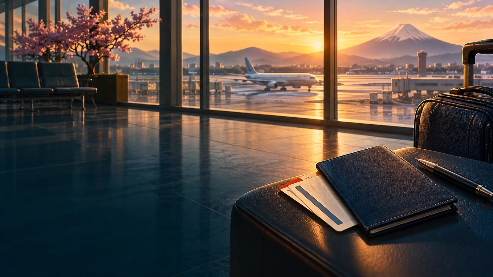 Editorial illustration of a travel wallet and luggage beside an airport window, with a distant mountain view.