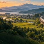 Editorial illustration of an unbranded high-speed train crossing a green Japanese valley beneath mountains.
