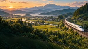 Editorial illustration of an unbranded high-speed train crossing a green Japanese valley beneath mountains.