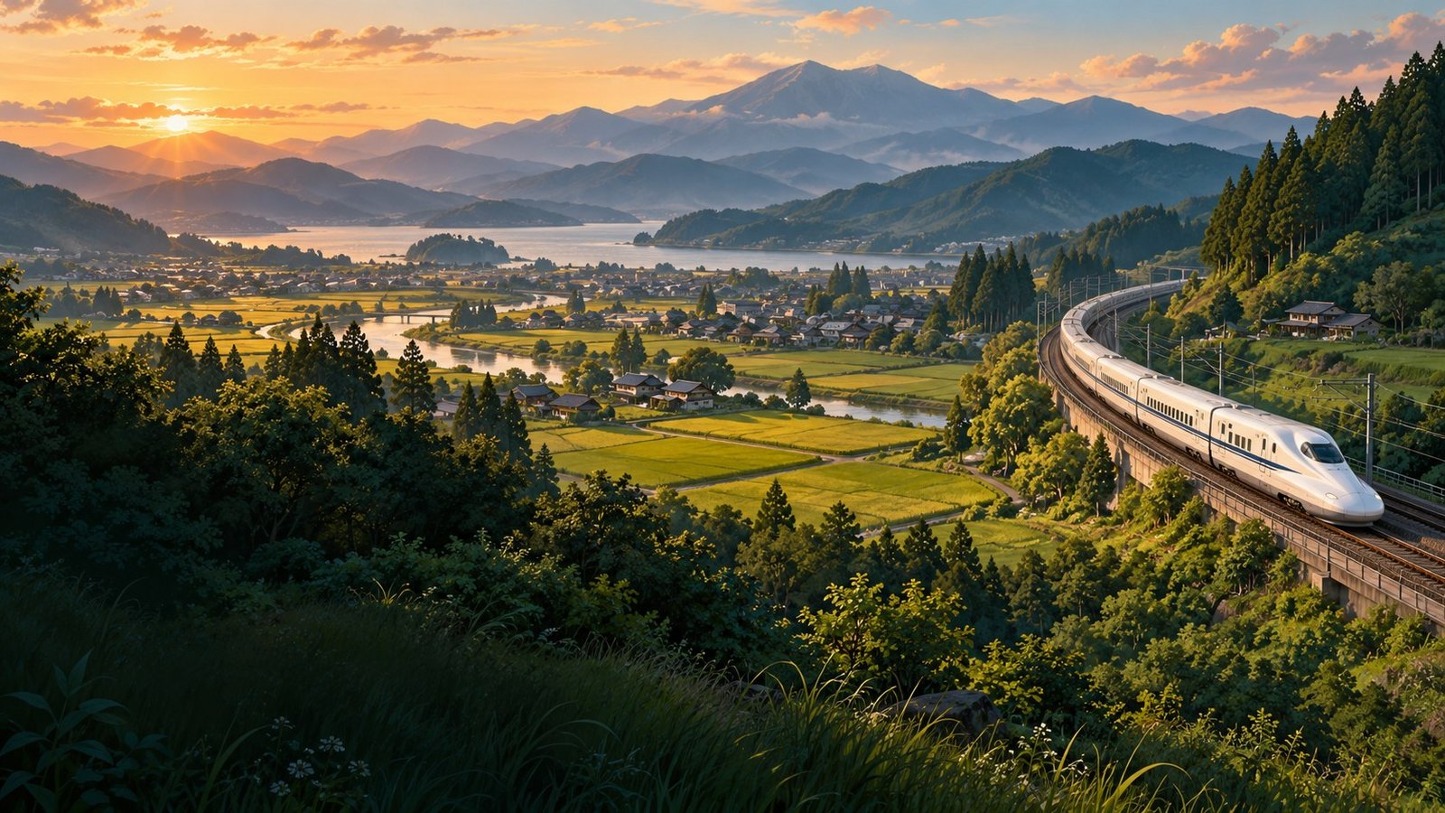 Editorial illustration of an unbranded high-speed train crossing a green Japanese valley beneath mountains.