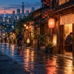 Editorial illustration of a warmly lit Japanese food street at dusk, with city towers in the distance.